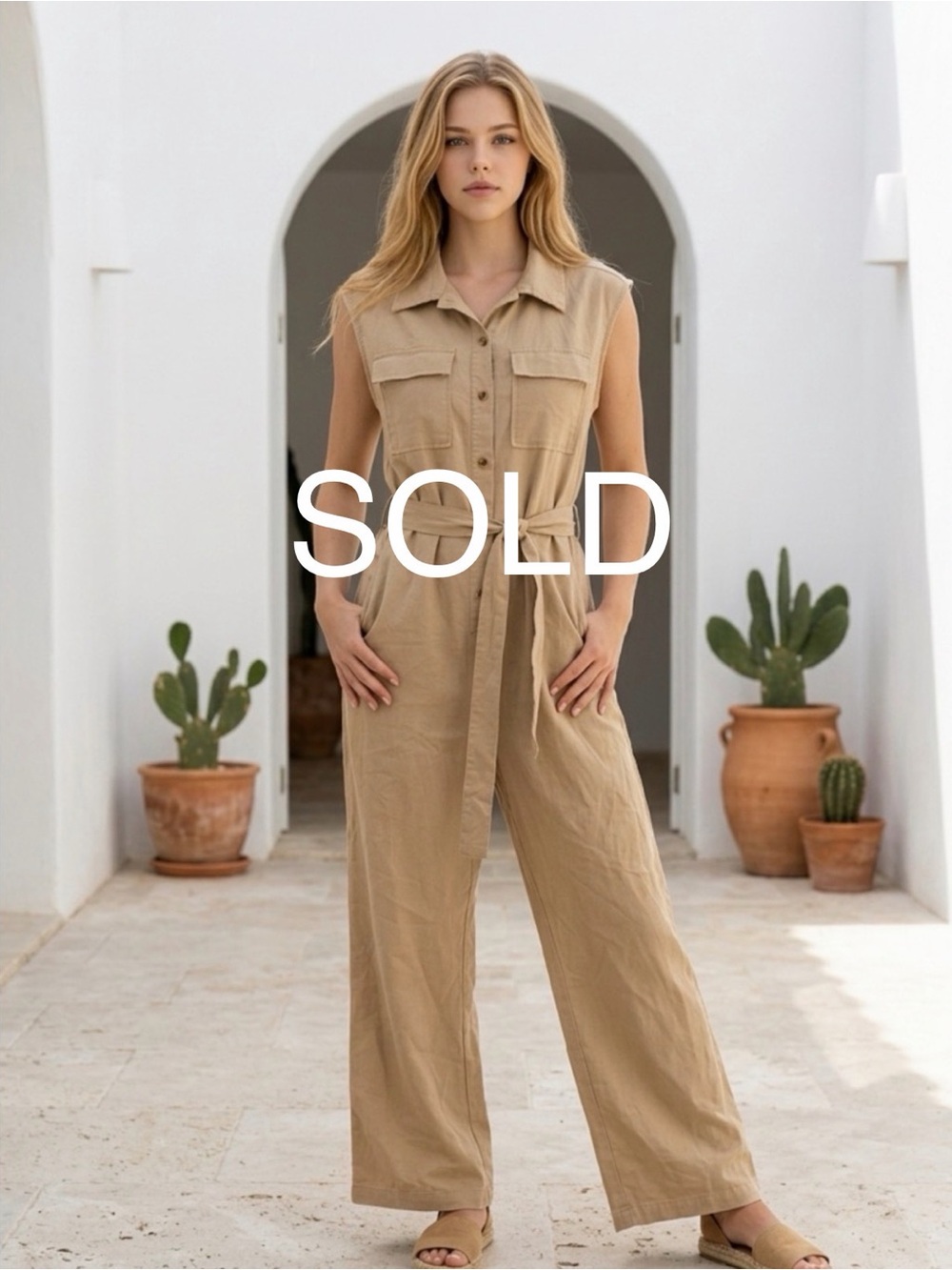 Ci Sono Sleeveless Utility Jumpsuit in Khaki Tan